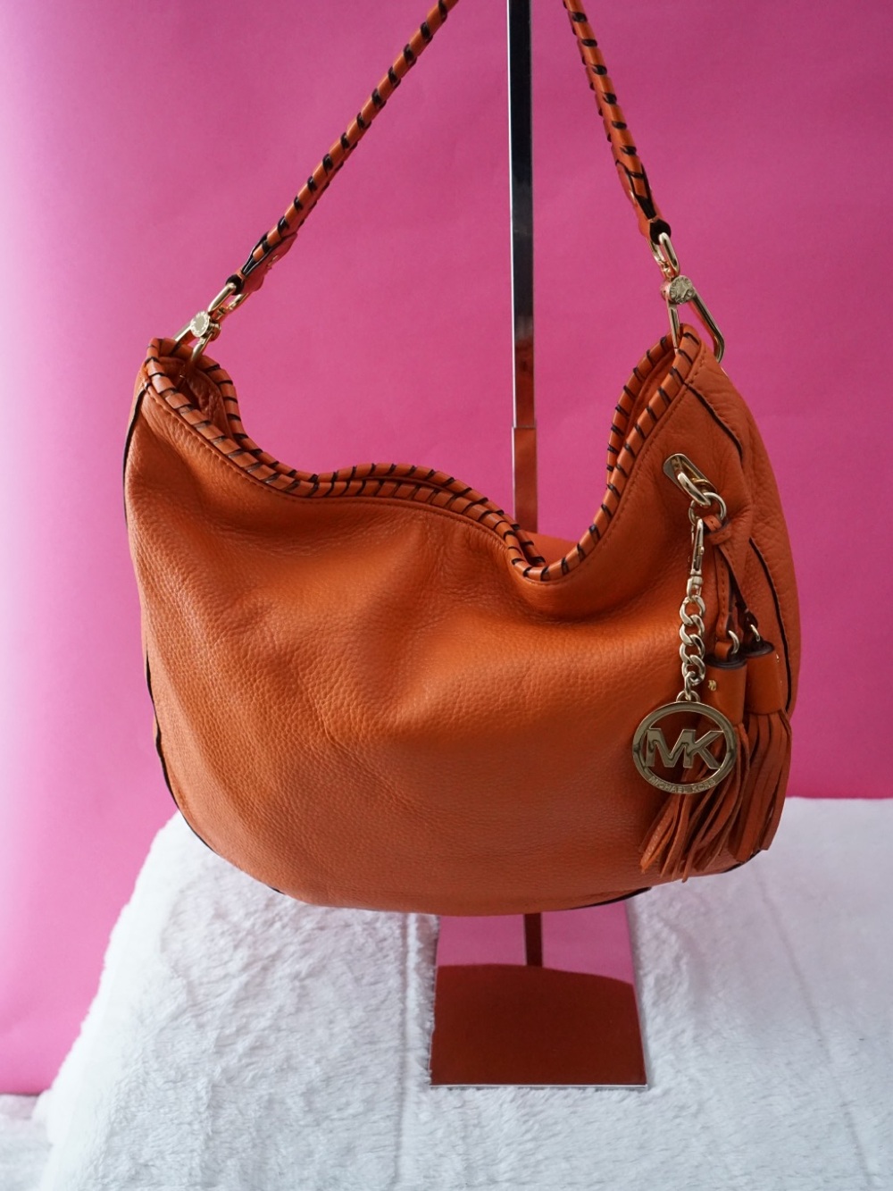 Michael Kors Orange Pebbled Leather Whipstitch Hobo Shoulder Bag with Tassels